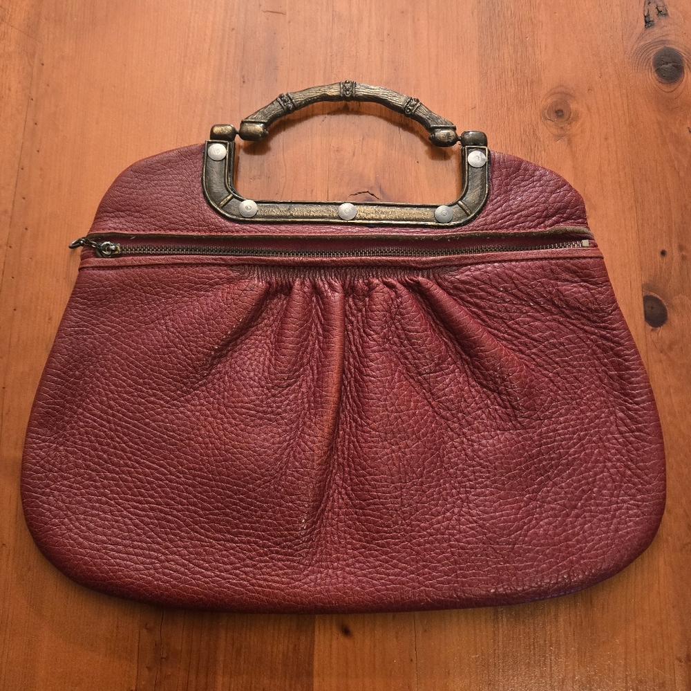 Vintage 1970's Justin Casual Western Leather Bag Brass Clutch Textured Leather